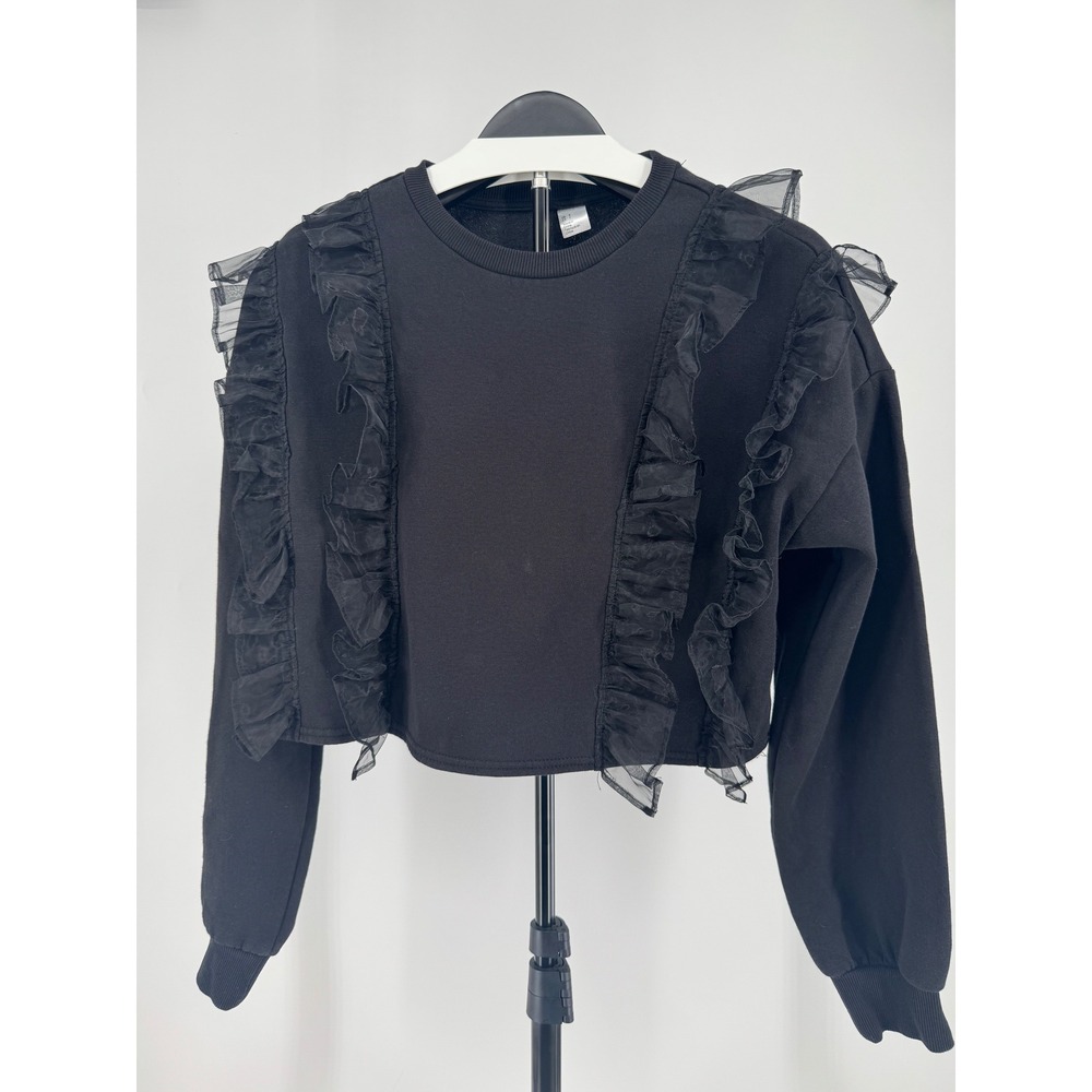 H&M Black Cropped Sweatshirt Sheer Organza Ruffle Pullover Small O/N 275247